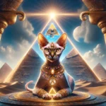 DALL·E 2024-04-11 19.43.44 - A wealthy sphynx cat_ adorned with gold and jewels_ sits regally inside of a mystical triangle at the center of the ancient pyramids. Above_ the sky i