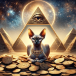 DALL·E 2024-04-12 00.10.37 - A wealthy sphynx cat_ lavishly adorned with gold and jewels_ sits majestically inside of a mystical triangle at the heart of the ancient pyramids_ sur (1)