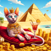 DALL·E 2024-04-11 20.28.48 - A whimsical illustration depicting a wealthy sphynx cat enjoying a lavish lifestyle at the base of the Egyptian pyramids. The cat_ adorned with extrav