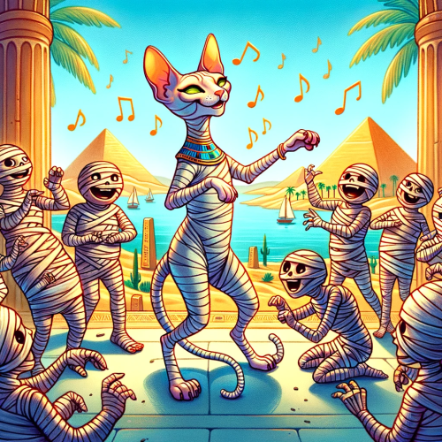 DALL·E 2024-04-12 09.10.58 - Illustrate a cartoon depicting a Sphynx cat in ancient Egypt_ surrounded by friendly mummies_ all sharing a moment of joy and camaraderie. In this sce (1)