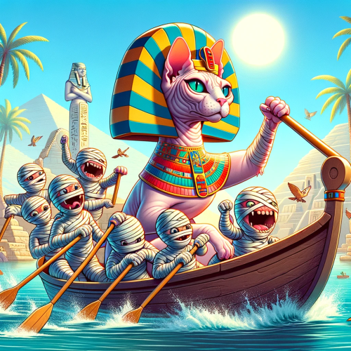 DALL·E 2024-04-12 09.11.28 - Expanding the series with another playful and colorful scene_ This time_ the Sphynx cat_ adorned in a vibrant Pharaoh headdress_ is seen piloting a sm (2)