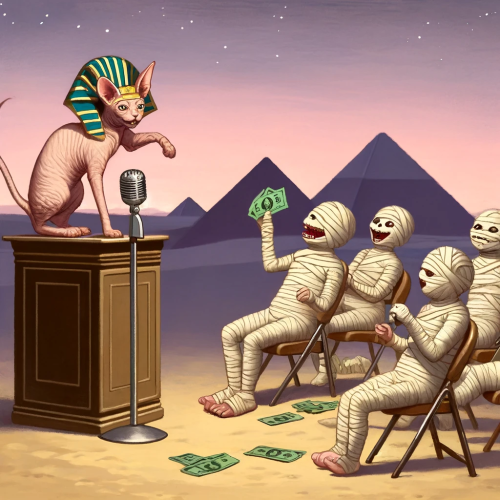 DALL·E 2024-04-12 09.11.50 - Continuing the theme with a similarly subdued color palette_ the next scene depicts the Sphynx cat and the mummies engaging in a new_ equally humorous (1)